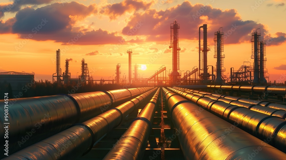 Pipeline and pipe rack of petroleum industrial plant with sunset sky background Pipeline and pipe rack of petroleum industrial plant with sunset sky background