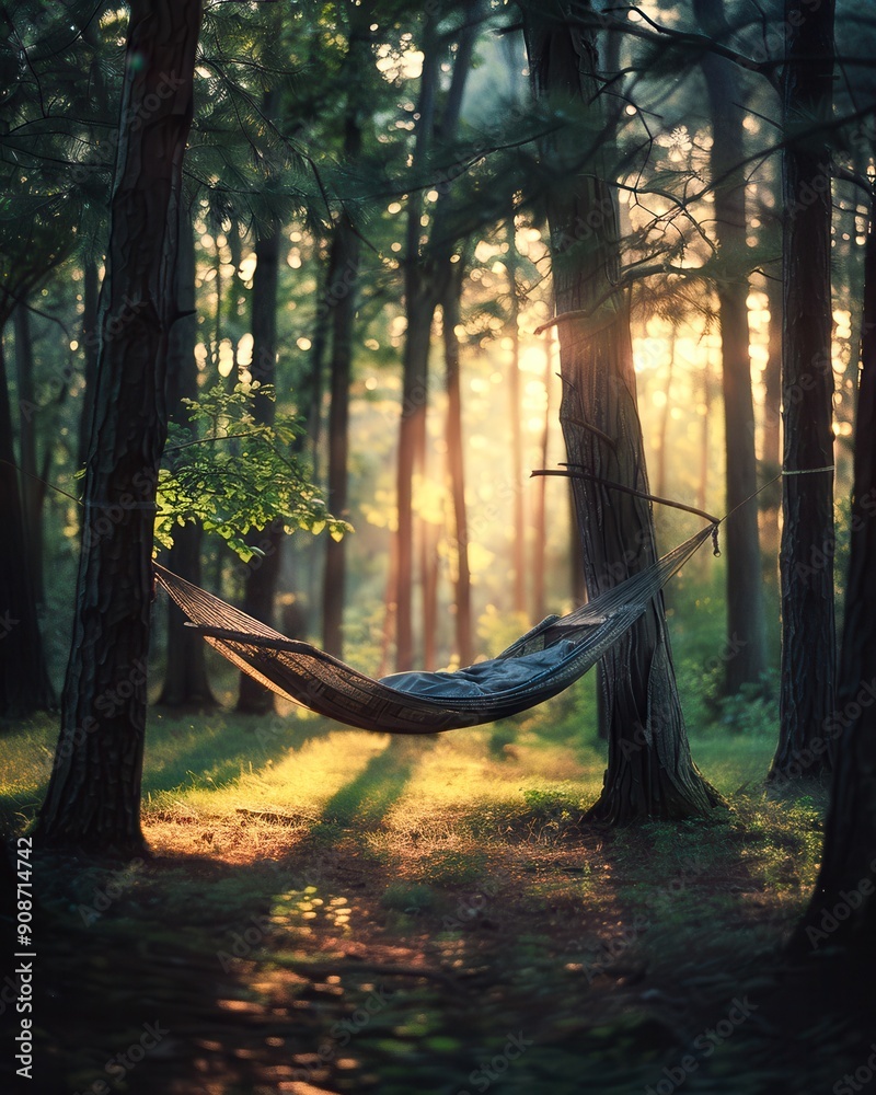 Obraz premium The peace and comfort of a hanging hammock in the early morning surrounded by green trees and vegetation. A calm and cozy image that highlights the hammock, the surrounding trees and the morning light