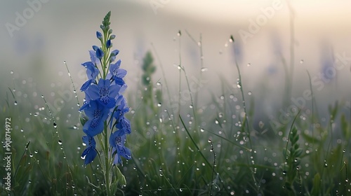 Serene Delphinium Elatum Spike in Tranquil Morning Meadow photo