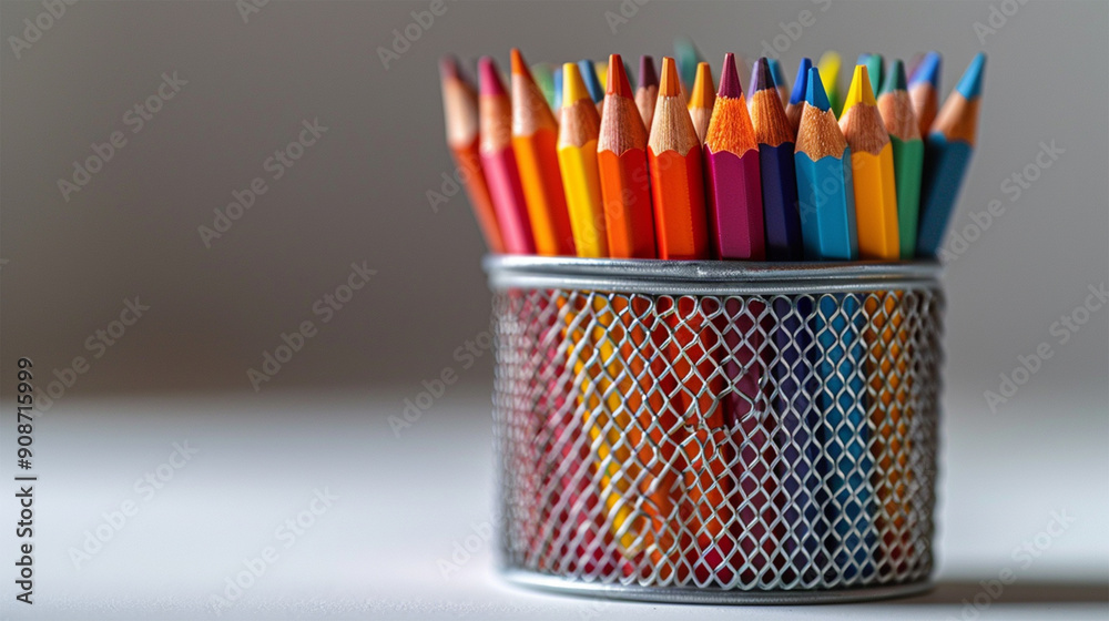 Fototapeta premium Colored pencils and pens in a pencil holder silver isolated from the white or transparent background. Made with generative ai