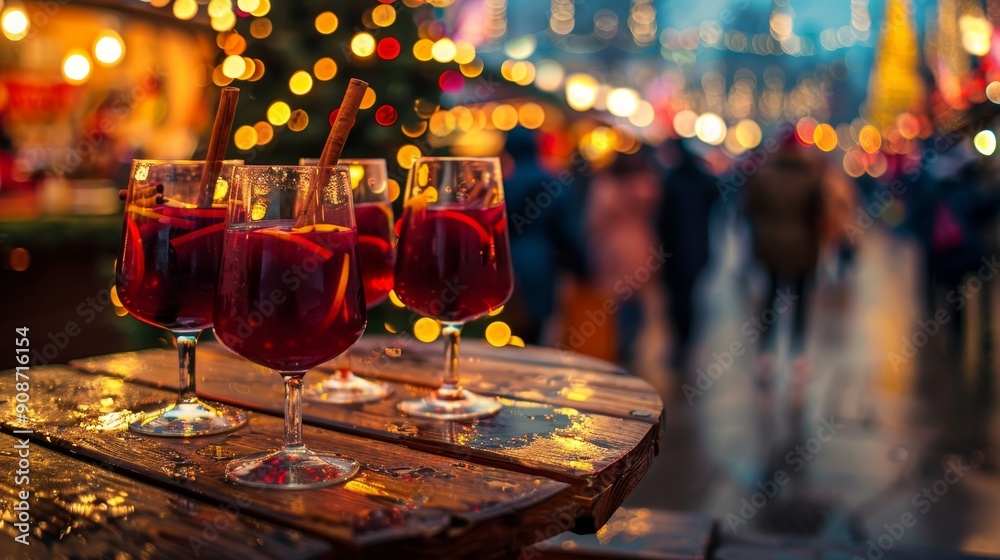 Festive red mulled wine in glasses at christmas market with cityscape background Festive red mulled wine in glasses at christmas market with cityscape background