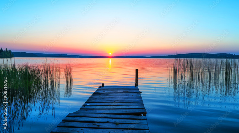 Fototapeta premium Serene Sunset Over Tranquil Lake with Wooden Pier and Reeds in Foreground