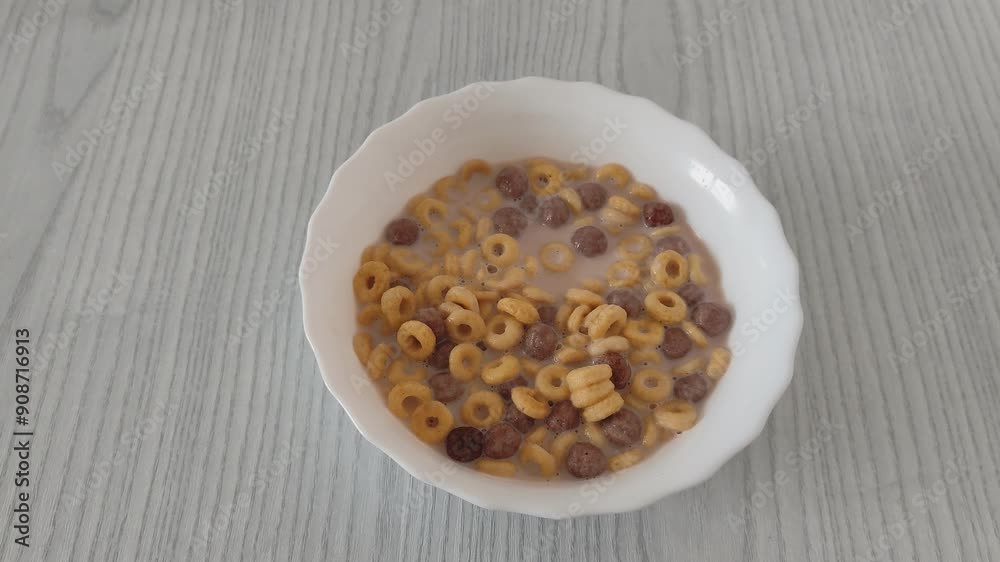 Corn flakes, rings and balls in milk, healthy breakfast Corn flakes, rings and balls in milk, healthy breakfast