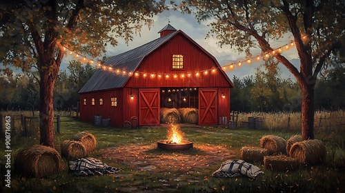 A oil painting of an open-door red barn with string lights hanging from a nearby tree, a fire pit surrounded by blanket-lined hay bales for a festive atmosphere photo