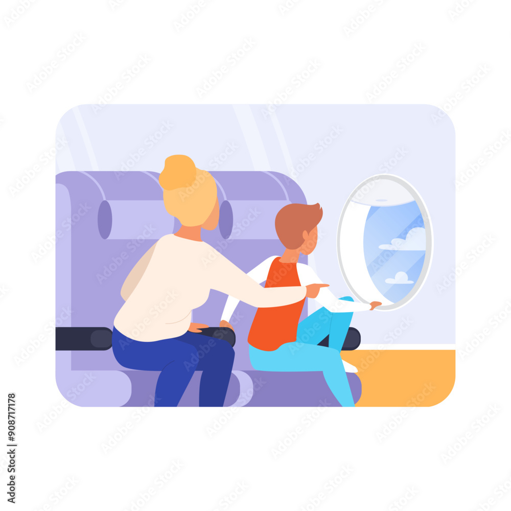Φωτογραφία Mother and son looking out airplane window at sky, woman and child sitting in ch