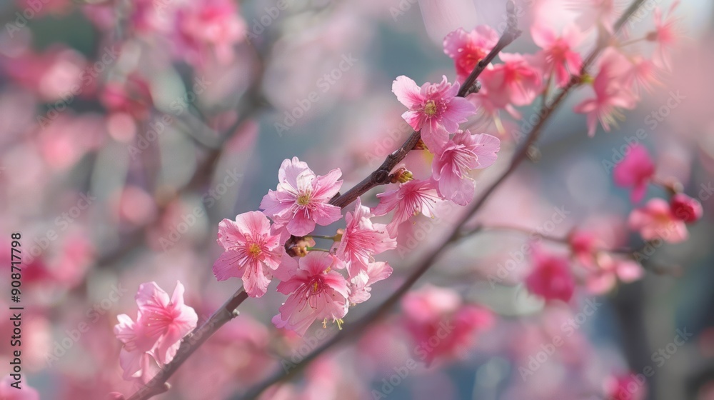 Beautiful pink cherry blossoms bloom in Japanese nature landscape background. Beautiful pink cherry blossoms bloom in Japanese nature landscape background.
