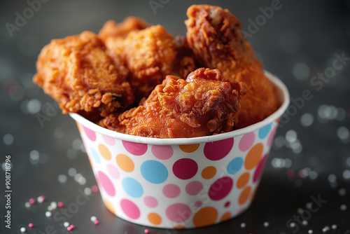 Delicious crispy breaded chicken wings served in colorful paper bucket