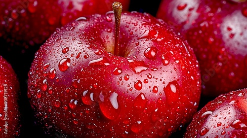 Fresh red apple covered in droplets of water on a dark background, showcasing its vibrant color and luscious texture.