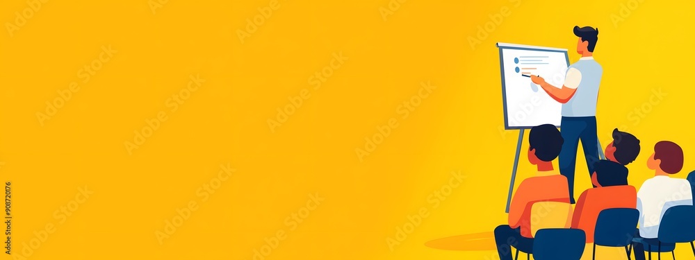An illustration of an person presenting in front, with goup af people sitting and listening attentively. The background is a vibrant yellow to emphasize the energetic atmosphere An illustration of an person presenting in front, with goup af people sitting and listening attentively. The background is a vibrant yellow to emphasize the energetic atmosphere