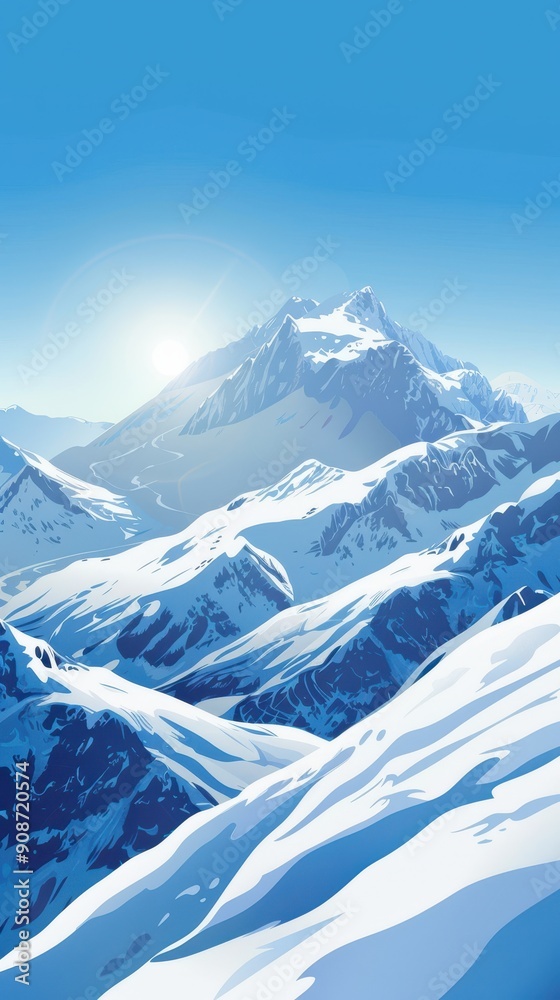 Snow-covered peaks loom majestically under a vibrant blue sky as the sun sets, casting warm hues across the landscape