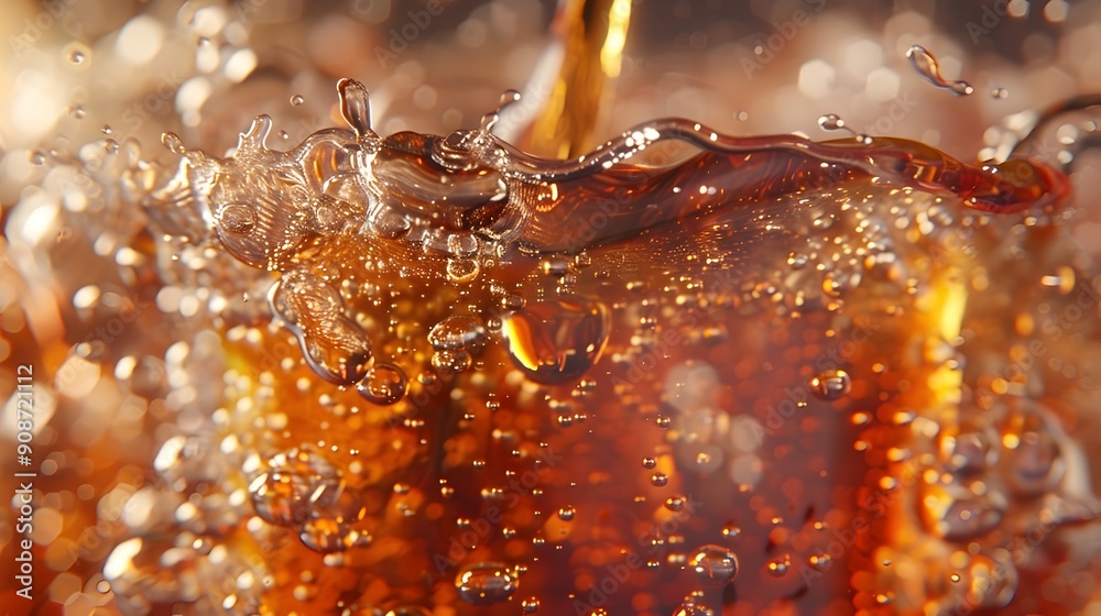 Pour of Amber Soda with Fizzy Bubbles and Glistening Droplets Pour of Amber Soda with Fizzy Bubbles and Glistening Droplets