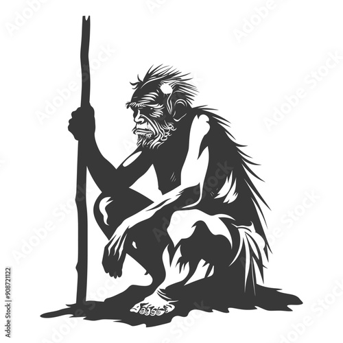 A Black and White Silhouette of a Primitive Human Holding a Staff