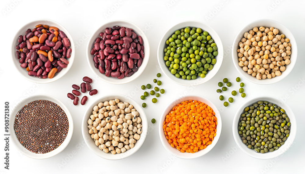 Legumes, beans and sprouts. Dried, raw and fresh, top view. Red beans, lentils, mung beans, chickpeas, soybeans, edamame, green peas, Healthy diet food, vegan protein, micronutrients fiber sources