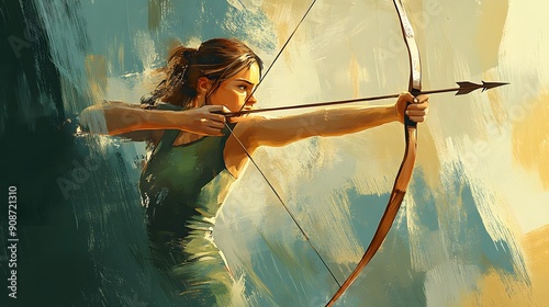 Dynamic illustration of vibrant Olympic sport, archer drawing bow, taut bowstring, vibrant greens and browns, detailed arrow, soft natural light, calm and focused mood