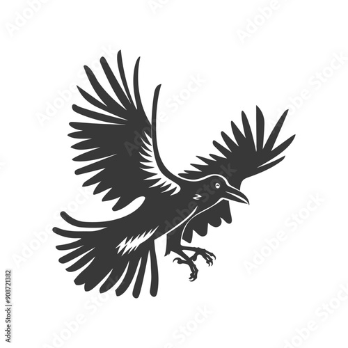 A black silhouette of a crow in mid-flight with its wings outstretched
