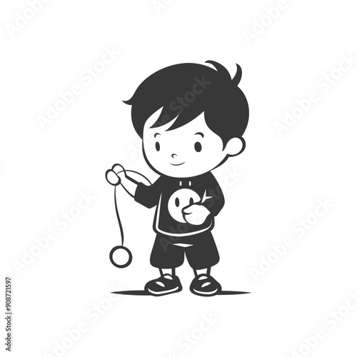 A Boy Playing with a Yo-yo, Simple Illustration in Black and White