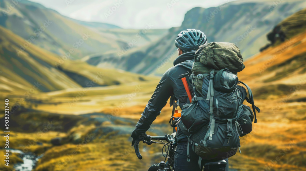 Adventurous Cyclist Exploring Majestic Mountain Landscape with Backpack and Gear on a Scenic Trail Adventurous Cyclist Exploring Majestic Mountain Landscape with Backpack and Gear on a Scenic Trail
