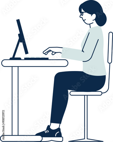 Right pose for computer desktop. Sitting woman working