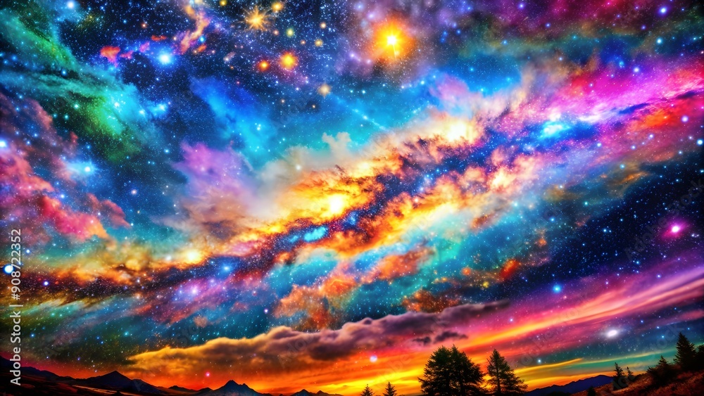 Gorgeous, fantastical starry night sky with vibrant blue and purple hues, a galaxy, and aurora in 4K wallpaper Gorgeous, fantastical starry night sky with vibrant blue and purple hues, a galaxy, and aurora in 4K wallpaper