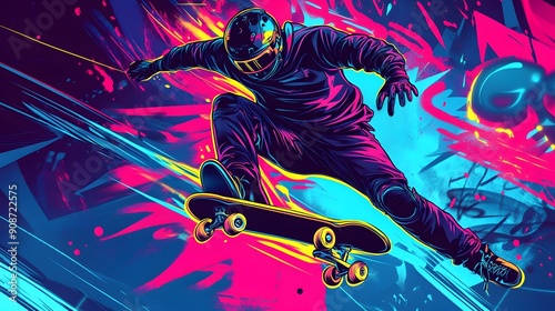 Dynamic illustration of vibrant Olympic sport, skateboarder in mid-air, graffiti background, bold lines, neon highlights, high contrast lighting, rebellious and energetic mood