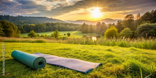 Wallpaper Mural Serenene landscape of a tranquil field with a yoga mat laid out, surrounded by nature, conveying a sense of peacefulness and inner calm. Torontodigital.ca
