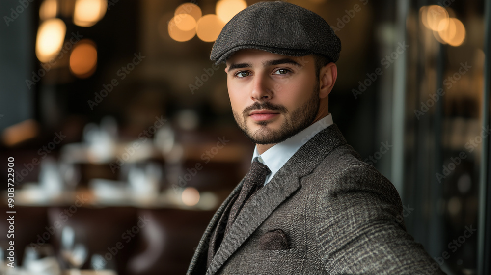 A man in a suit and flat hat exudes confidence and style as he poses in a restaurant. A man in a suit and flat hat exudes confidence and style as he poses in a restaurant.