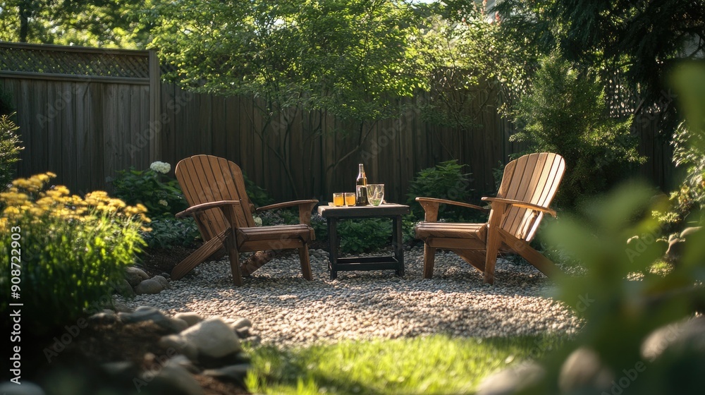 Backyard setting with two chairs, a table, and a drink, capturing the essence of summer outdoor living Backyard setting with two chairs, a table, and a drink, capturing the essence of summer outdoor living