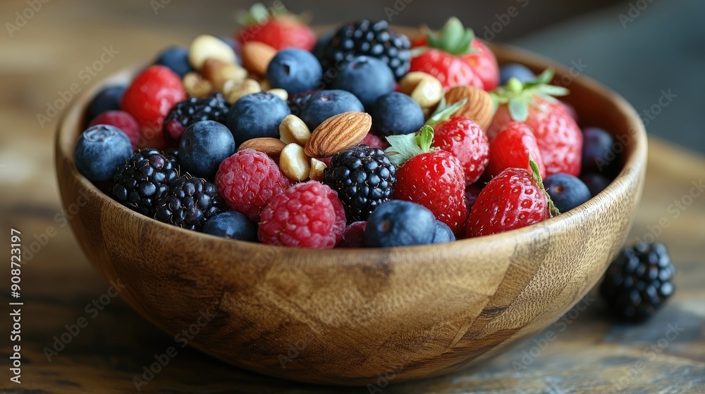 Close-up of a wooden bowl filled with fresh berries, nuts, and seeds, emphasizing the concept of organic and healthy eating