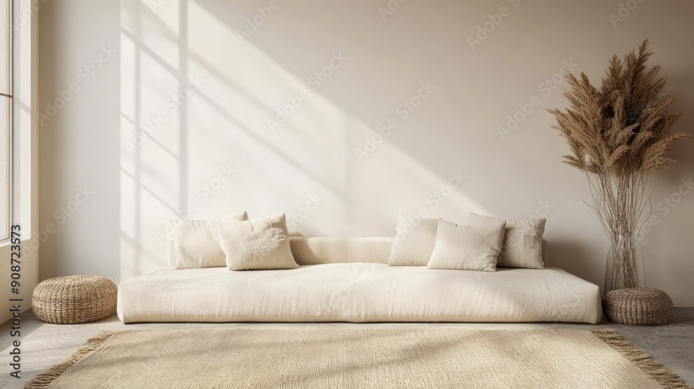 Fototapeta premium Minimalist Living Room with Beige Sofa and Pampas Grass