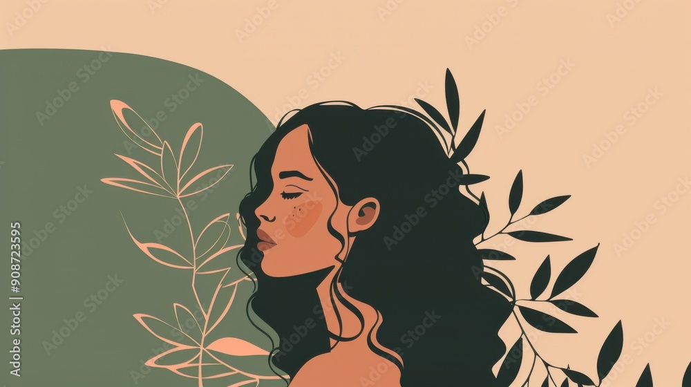 Chinese minimalism illustration, silhouette portrait of a woman with medium-length curly hair, flat illustration Chinese figure illustration on olive green background, pale peach background, leaves Chinese minimalism illustration, silhouette portrait of a woman with medium-length curly hair, flat illustration Chinese figure illustration on olive green background, pale peach background, leaves