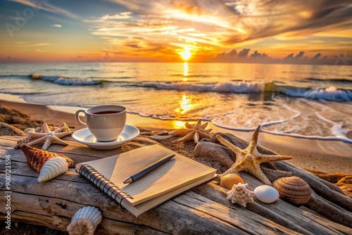 Serene beach scene at dawn with a notebook, pen, and coffee cup on a driftwood log, surrounded by seashells and ocean-inspired decorations. photo