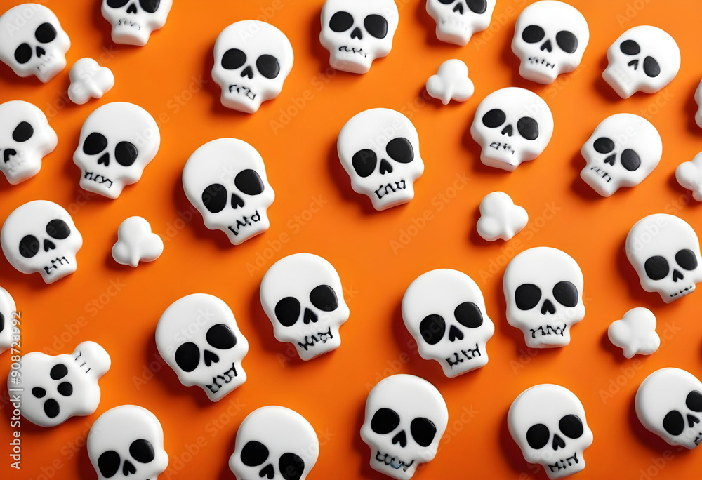 Cute of small white cartoon-style skulls scattered across a bright orange background