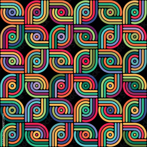 Seamless repeating pattern with chained striped squares on a black background. Multicolored linear art. Geometric grid in retro ethnic style.