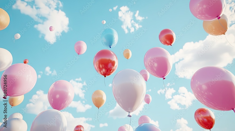 High-quality 3D background with a variety of balloons drifting in the sky, perfect for celebrations and event promotions High-quality 3D background with a variety of balloons drifting in the sky, perfect for celebrations and event promotions