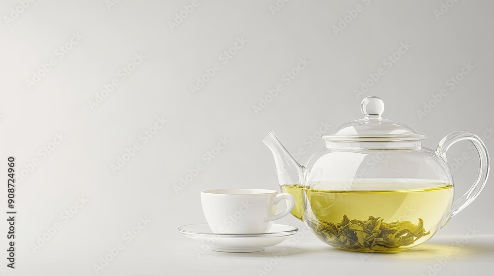 Green oolong tea in a glass teapot on a white background. Teapot and teacup with space for text. Green oolong tea in a glass teapot on a white background. Teapot and teacup with space for text.