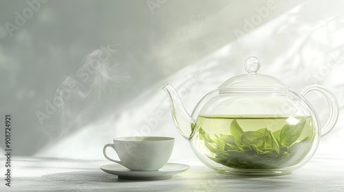Wallpaper Mural Green oolong tea in a glass teapot on a white background. Teapot and teacup with space for text. Torontodigital.ca