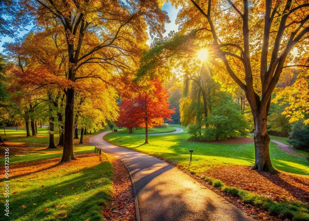 Serene park landscape featuring a winding path surrounded by lush greenery and vibrant autumn foliage, bathed in warm golden light on a sunny day. Serene park landscape featuring a winding path surrounded by lush greenery and vibrant autumn foliage, bathed in warm golden light on a sunny day.