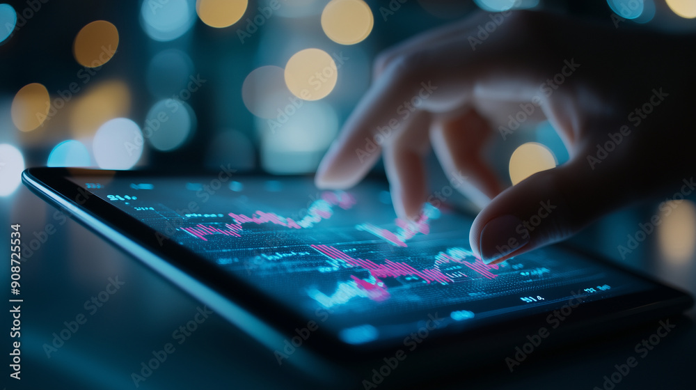 Hand using a tablet with floating financial graphs and analytics, minimal, digital Hand using a tablet with floating financial graphs and analytics, minimal, digital