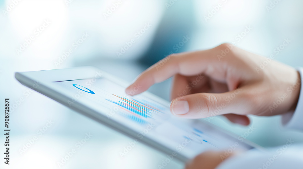 Person interacting with a tablet showing floating data graphs and visualizations, simple background, technology Person interacting with a tablet showing floating data graphs and visualizations, simple background, technology