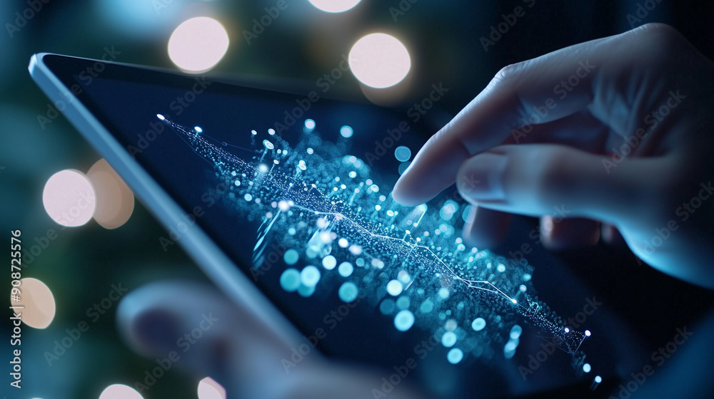 Person interacting with a tablet showing floating data graphs and visualizations, simple background, technology Person interacting with a tablet showing floating data graphs and visualizations, simple background, technology