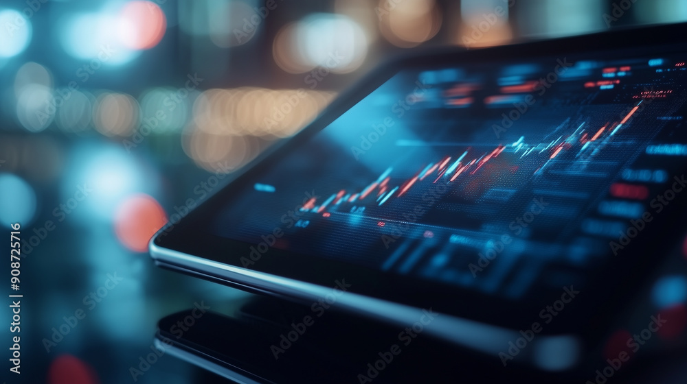 Tablet screen with floating financial graphs and data analytics, clean, tech Tablet screen with floating financial graphs and data analytics, clean, tech