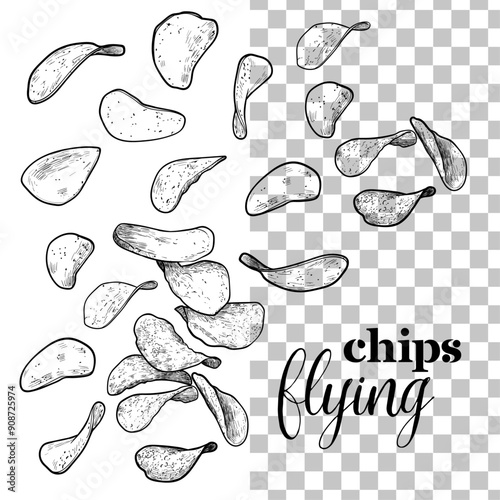 Hand drawn vector flying chips. Black outline, no fill, with fine details. This asset is ready to use and easy to edit. 
