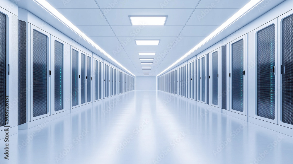 Obraz premium Data center aisle with bright data lines and server units, clean background, tech