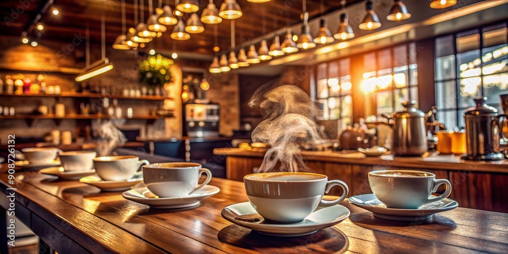 Cozy cafe atmosphere with steaming cups and saucers on counter, warm lighting illuminates rich wood tones and modern decor, evoking inviting customer experience. Cozy cafe atmosphere with steaming cups and saucers on counter, warm lighting illuminates rich wood tones and modern decor, evoking inviting customer experience.