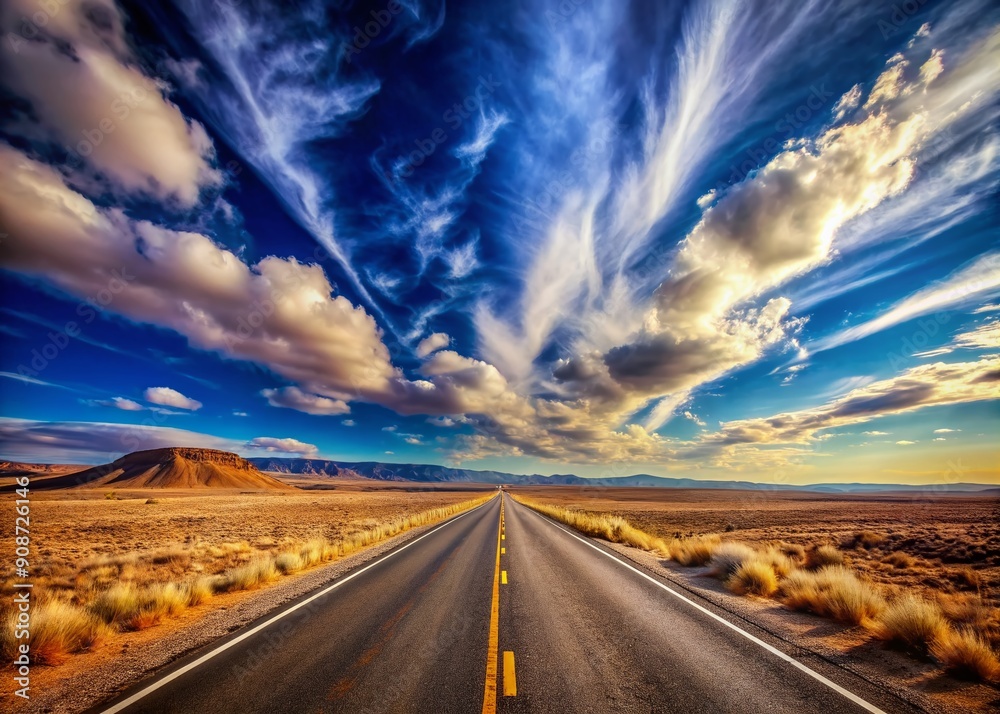 Serene desert highway stretches into the horizon beneath a vibrant blue sky with wispy clouds, evoking feelings of freedom, adventure, and limitless possibilities. Serene desert highway stretches into the horizon beneath a vibrant blue sky with wispy clouds, evoking feelings of freedom, adventure, and limitless possibilities.