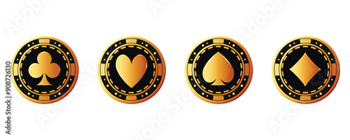 casino gold chips with card symbols on white background for casino and gambling