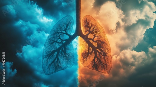 Dark clouds overshadow human lungs, symbolizing environmental health threats