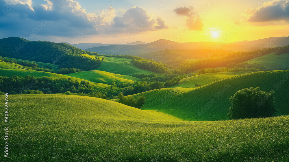 Obraz premium Scenic green hills landscape, rich vegetation, and natural beauty under a bright sky