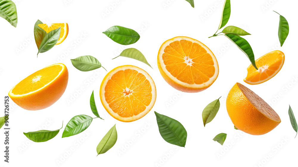 set of oranges with half slice and green leaves isolated on transparent white background, clipping path set of oranges with half slice and green leaves isolated on transparent white background, clipping path