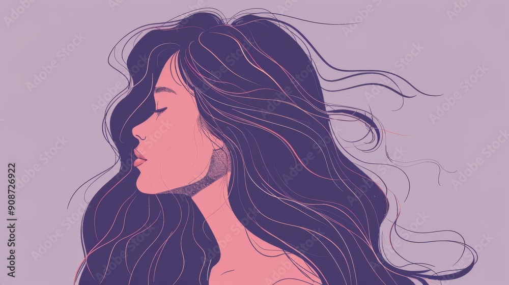 Chinese minimalism illustration, silhouette portrait of a woman with wavy hair, flat illustration Chinese figure illustration on muted lavender background, abstract art patterns Chinese minimalism illustration, silhouette portrait of a woman with wavy hair, flat illustration Chinese figure illustration on muted lavender background, abstract art patterns